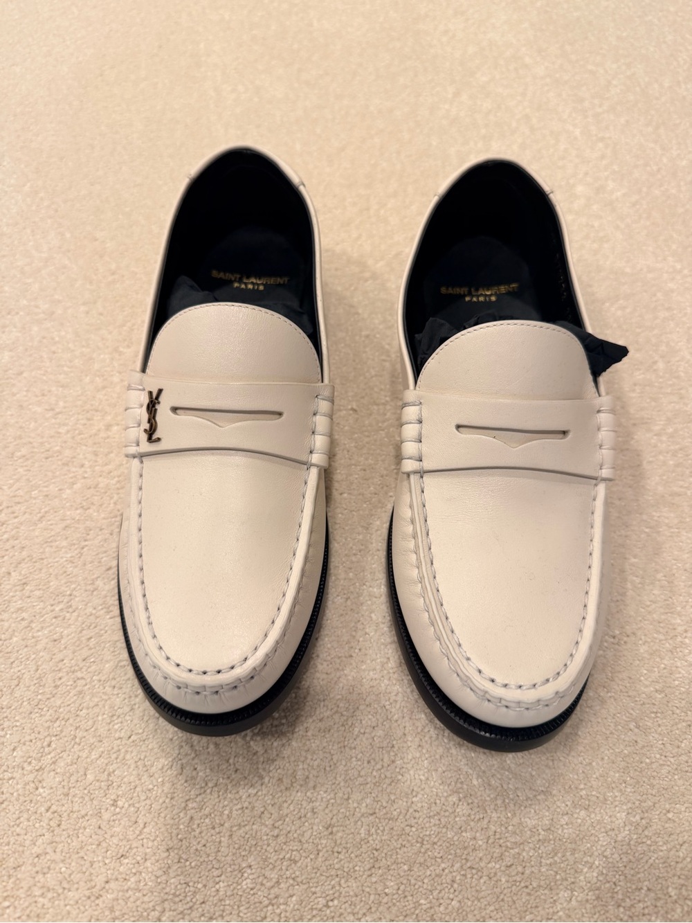 Saint Laurent Cream Leather Penny Loafers with Black Soles. Never worn!